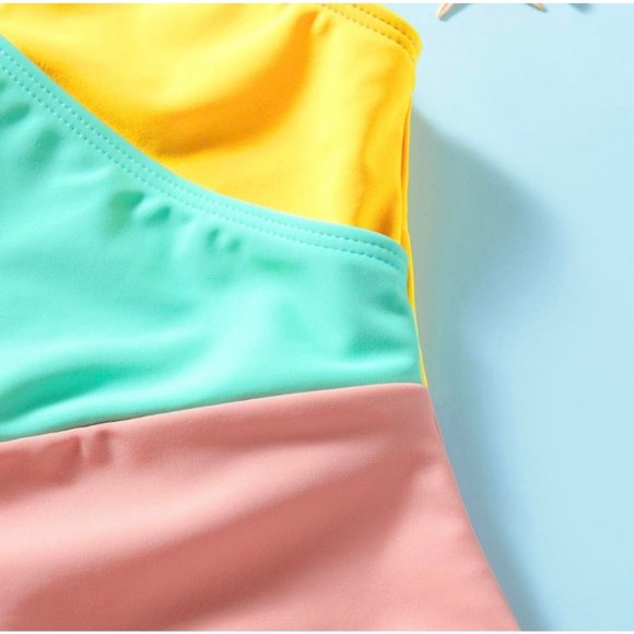 pastel color block one piece swimsuit swimwear - Picture 4 of 9